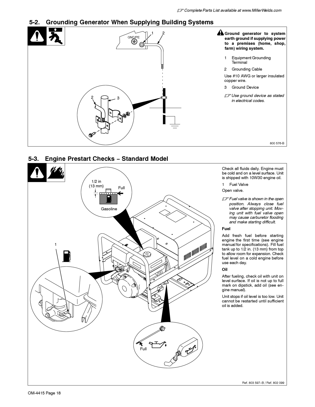 Miller Electric 185 Grounding Generator When Supplying Building Systems, Engine Prestart Checks − Standard Model, Oil 