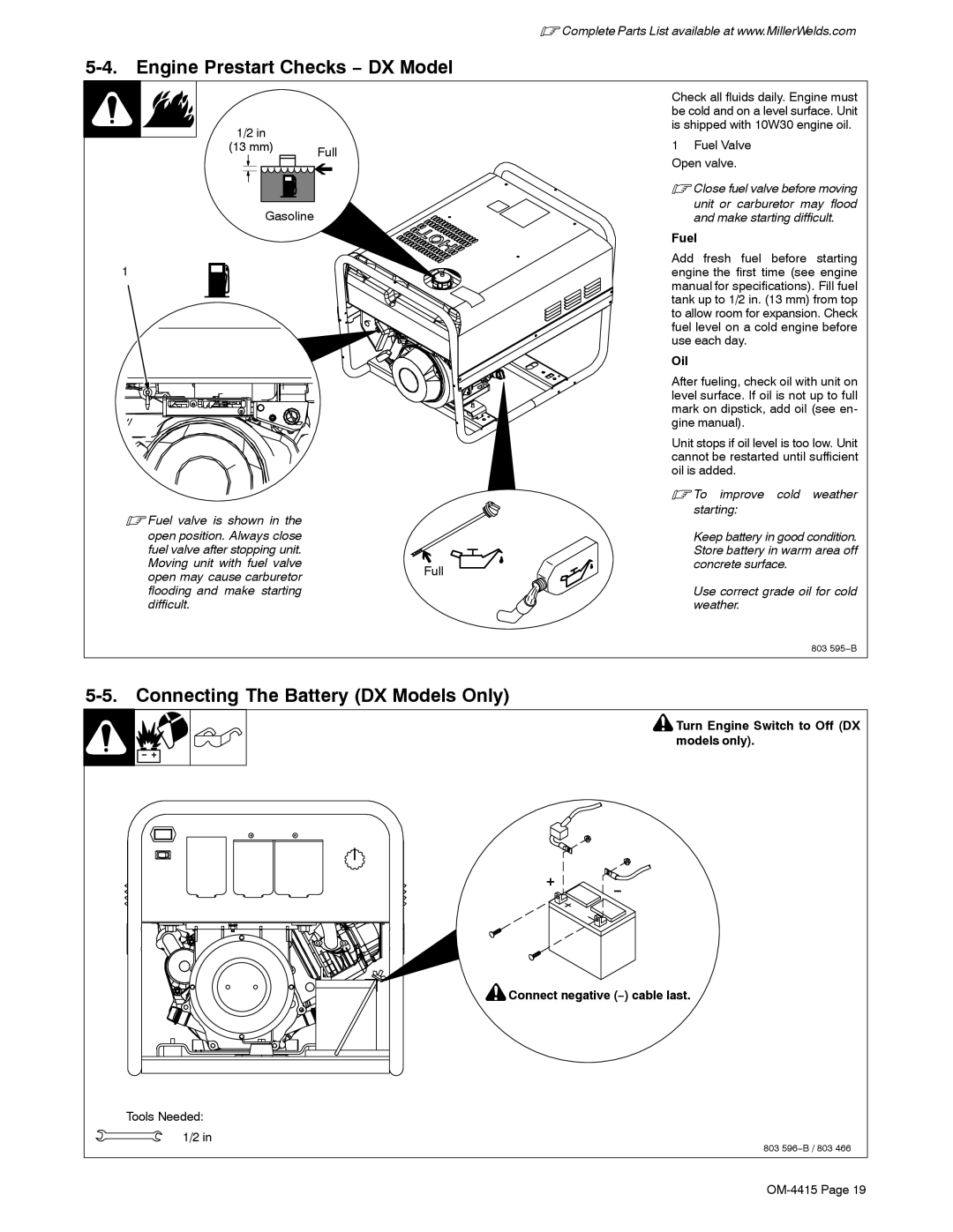 Miller Electric 185 DX manual Engine Prestart Checks − DX Model, +, Connect negative − cable last, Tools Needed 1/2 