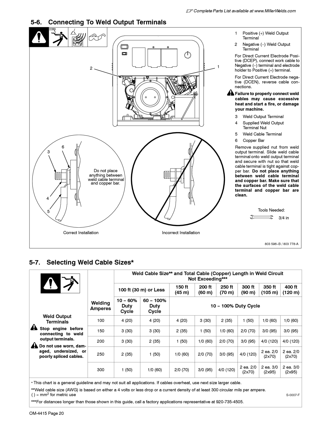 Miller Electric 185 DX manual Connecting To Weld Output Terminals, Selecting Weld Cable Sizes, 150 ft 200 ft 250 ft 