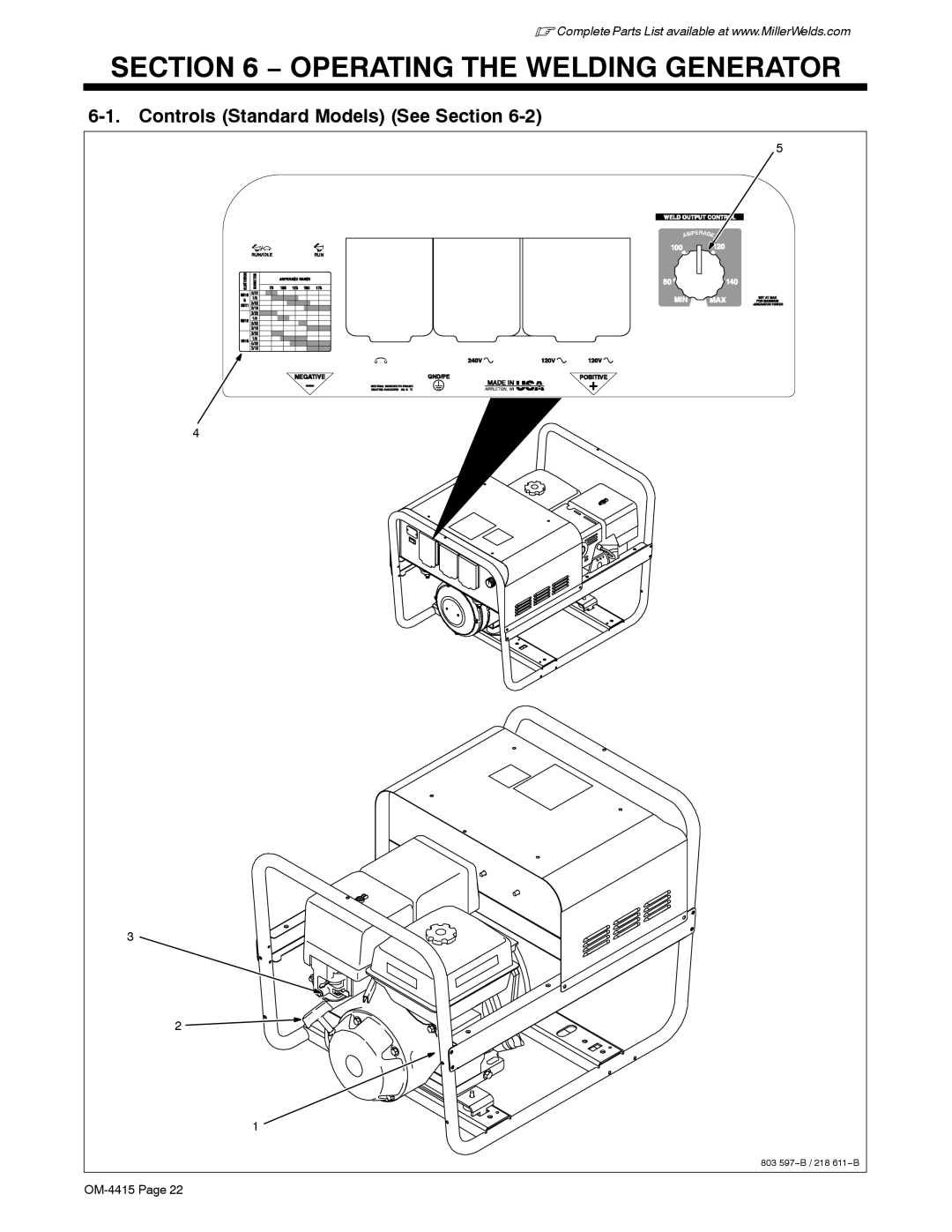 Miller Electric 185 DX manual Operating the Welding Generator, Controls Standard Models See Section 