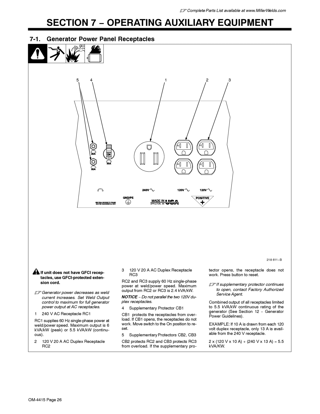 Miller Electric 185 DX manual Operating Auxiliary Equipment, Generator Power Panel Receptacles 