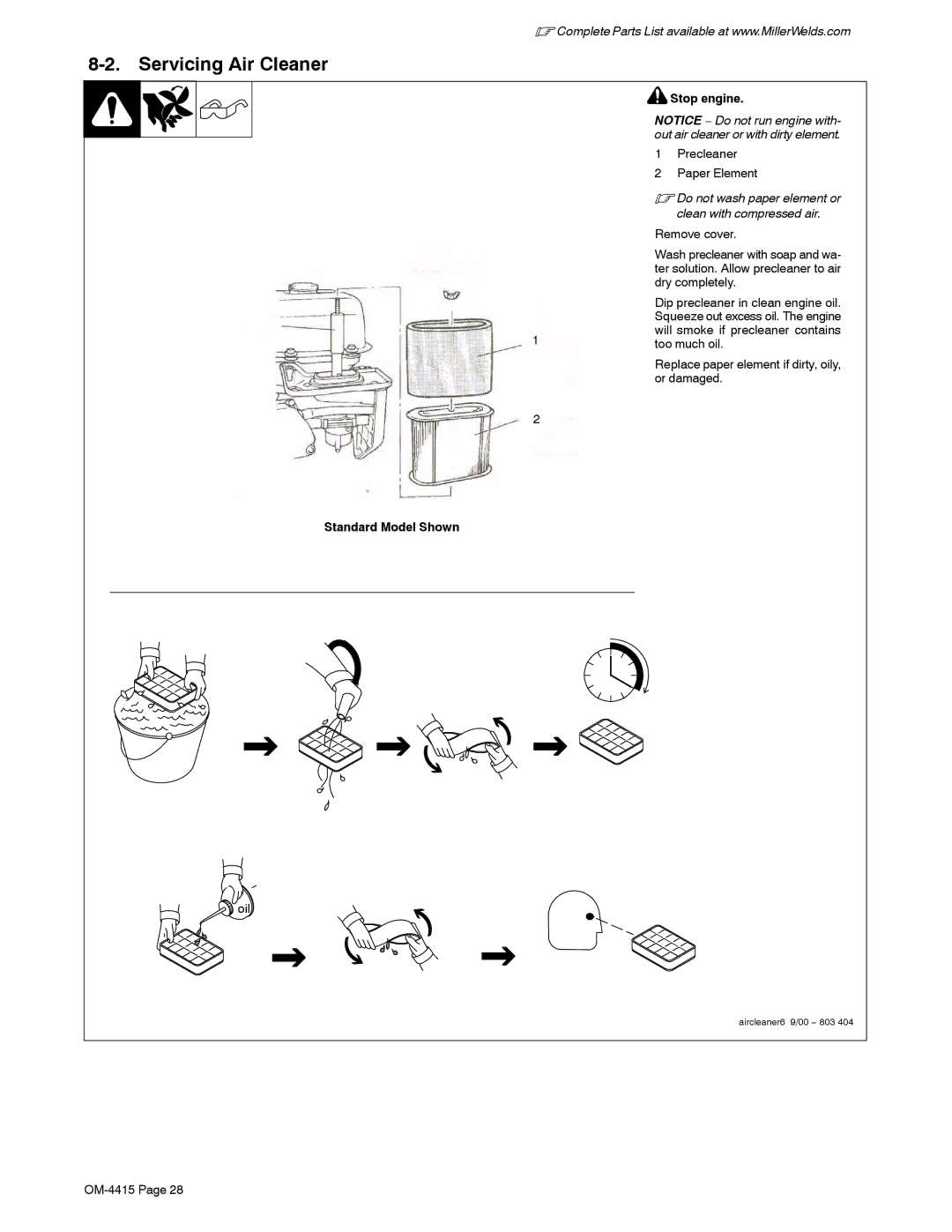 Miller Electric 185 DX manual Servicing Air Cleaner, Stop engine, Precleaner Paper Element, Standard Model Shown 