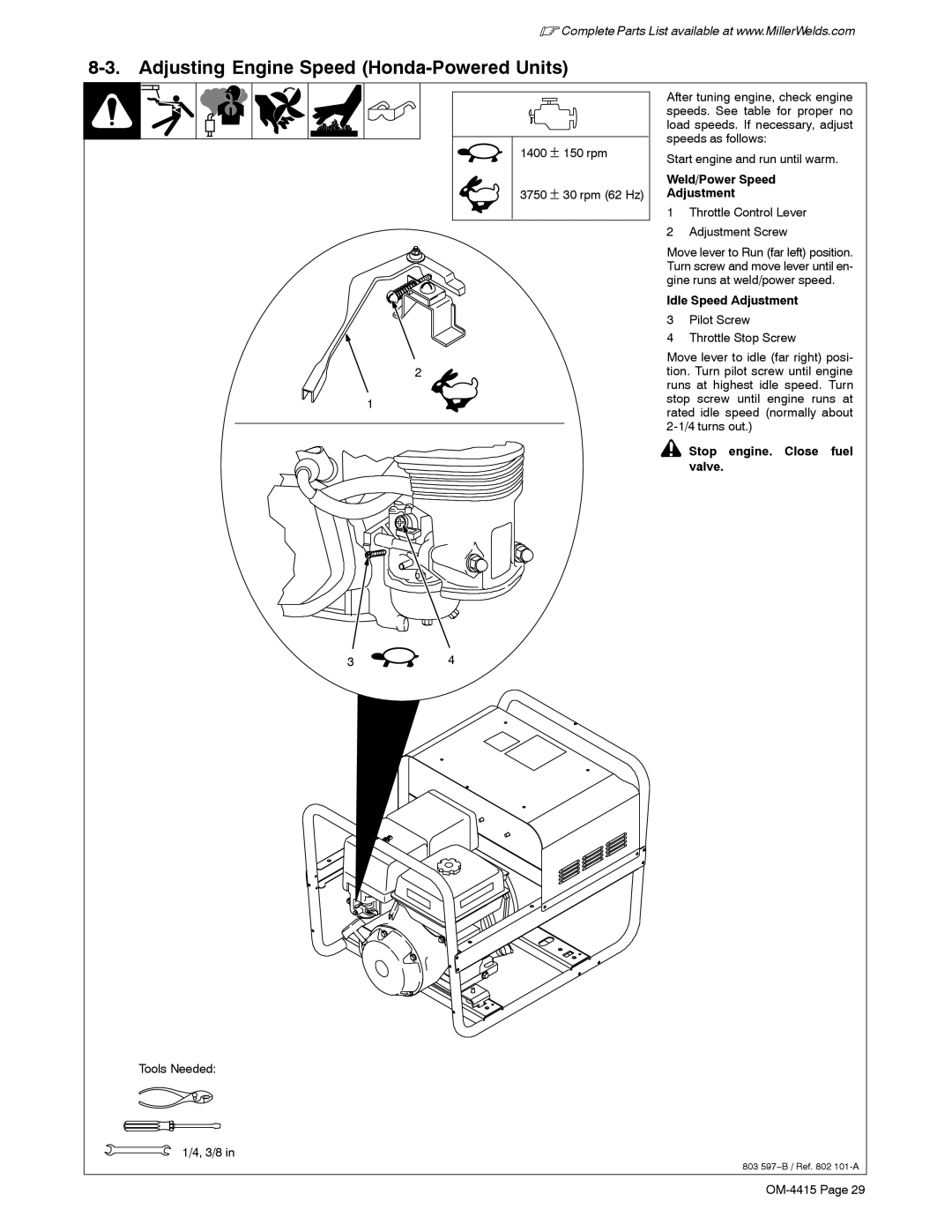 Miller Electric 185 DX Adjusting Engine Speed Honda-Powered Units, Weld/Power Speed Adjustment, Idle Speed Adjustment 