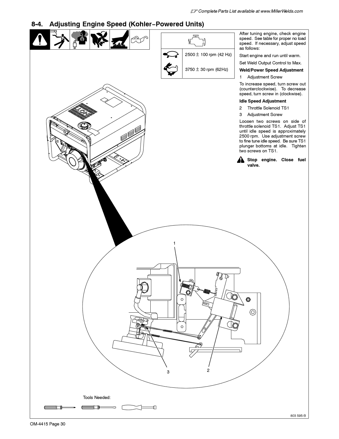 Miller Electric 185 DX manual Adjusting Engine Speed Kohler−Powered Units, Stop engine. Close fuel valve, Tools Needed 