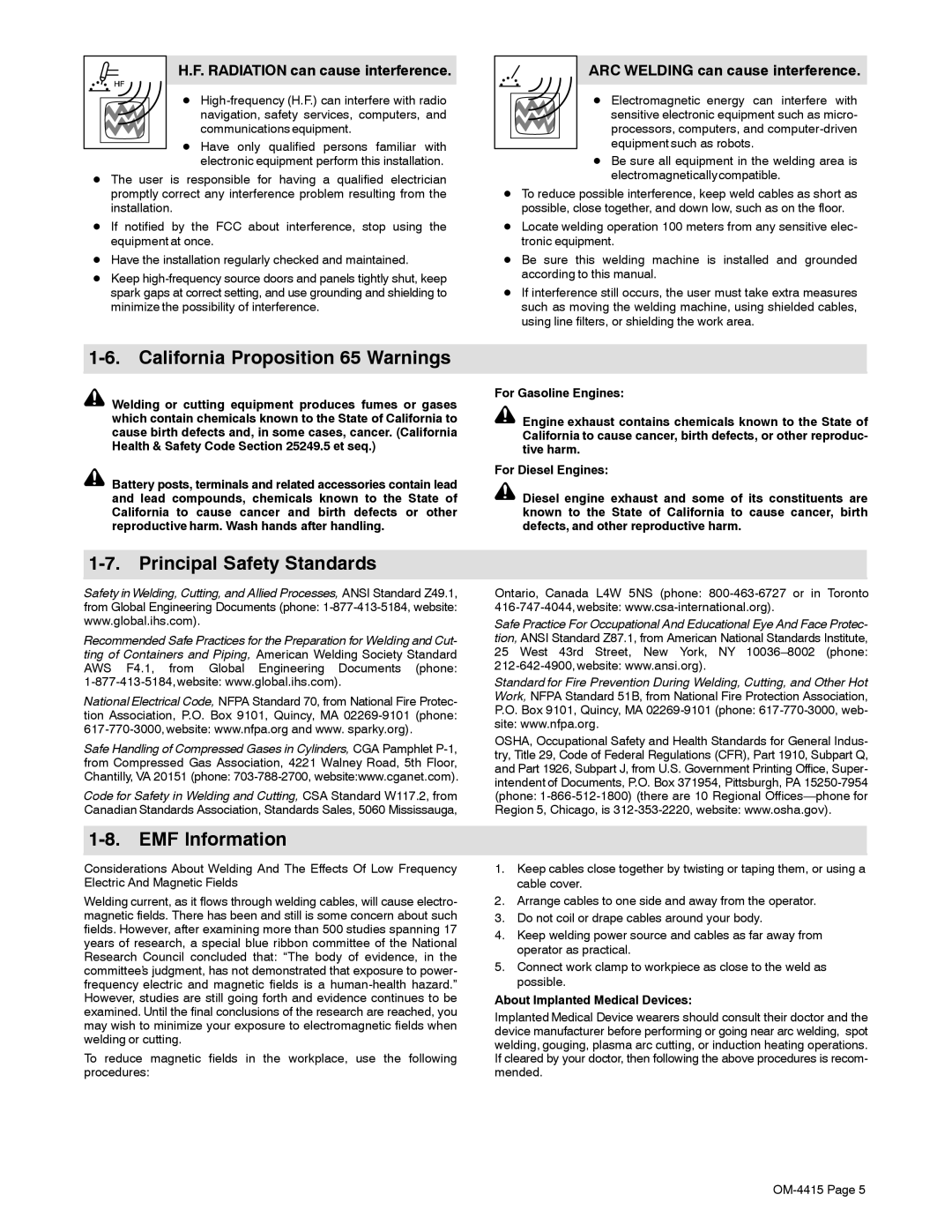 Miller Electric 185 DX manual California Proposition 65 Warnings, Principal Safety Standards, EMF Information 