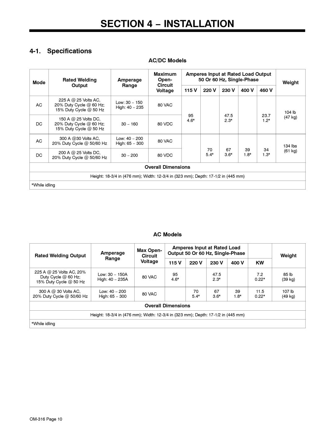 Miller Electric 225, 300 manual Installation, Specifications, AC/DC Models, AC Models 