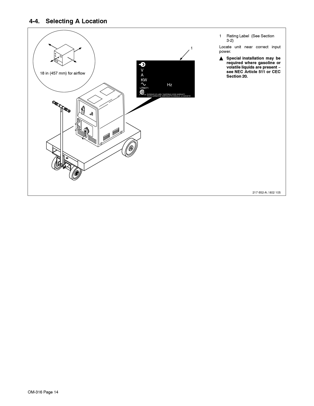 Miller Electric 225, 300 manual Selecting a Location, 18 in 457 mm for airflow 