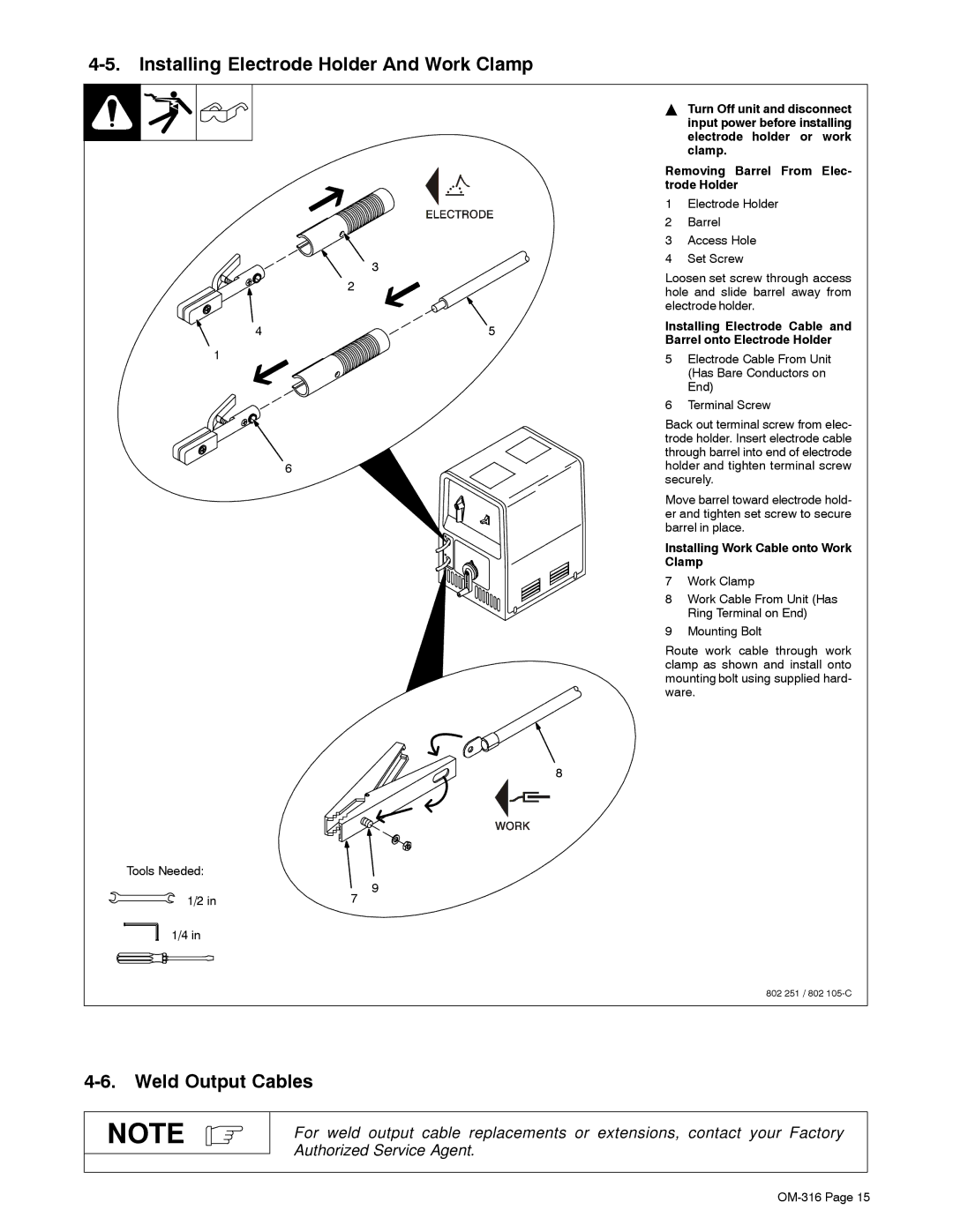 Miller Electric 300 Installing Electrode Holder And Work Clamp, Weld Output Cables, Installing Work Cable onto Work Clamp 