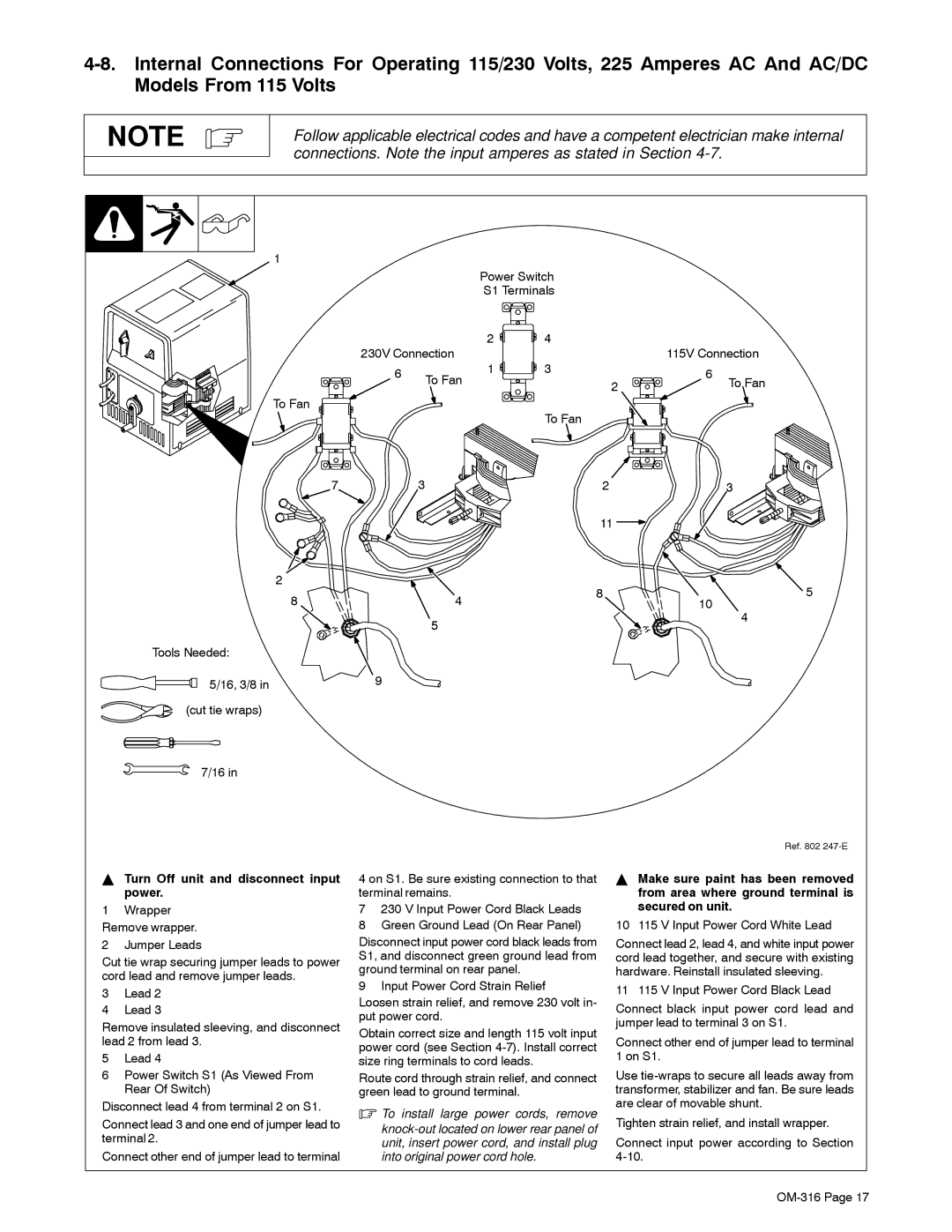 Miller Electric 300, 225 manual Tools Needed 16, 3/8 Cut tie wraps, Turn Off unit and disconnect input power 