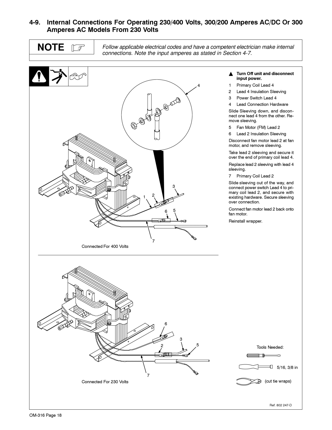 Miller Electric 225, 300 manual Connected For 400 Volts Connected For 230 Volts 