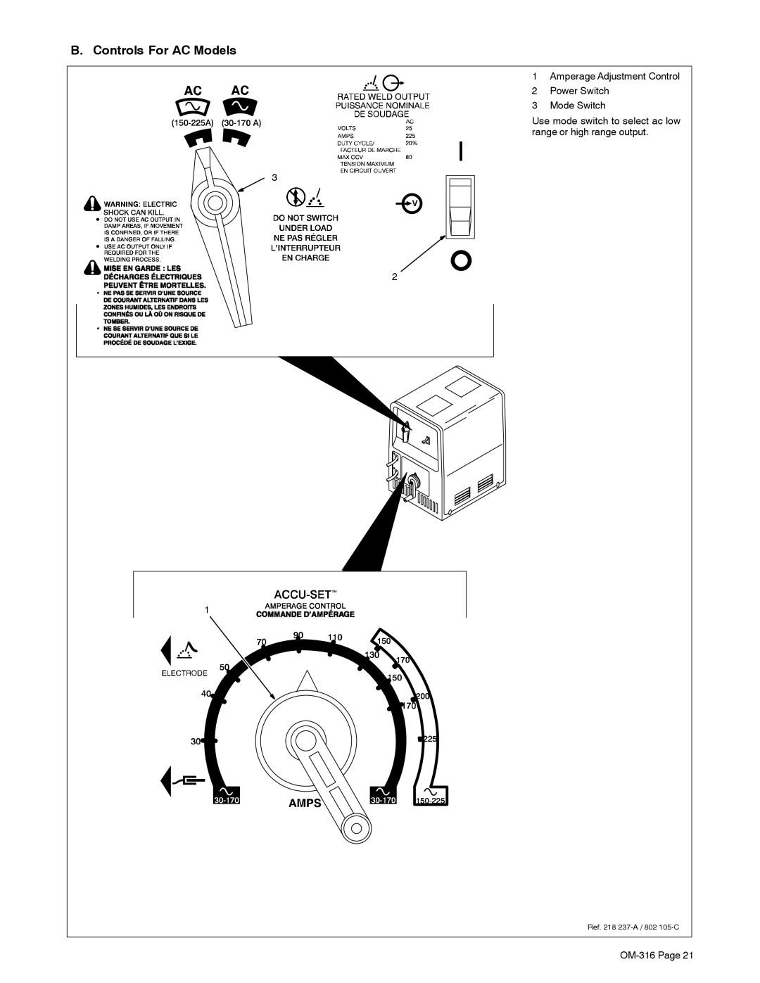 Miller Electric 300, 225 manual Controls For AC Models 