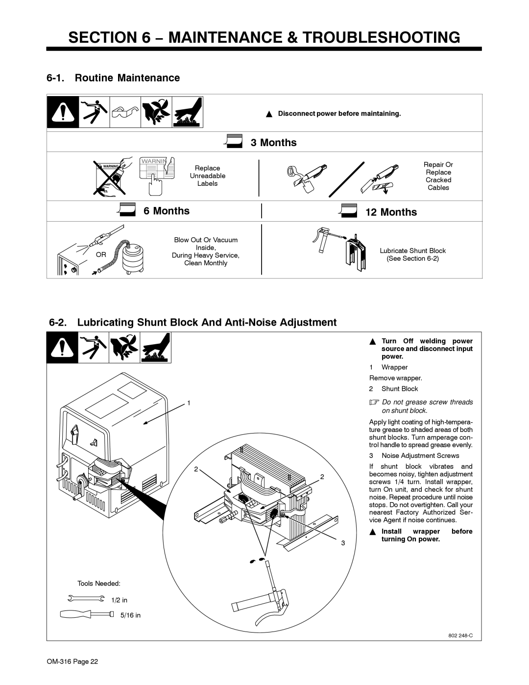 Miller Electric 225, 300 manual Maintenance & Troubleshooting, Routine Maintenance, Months 