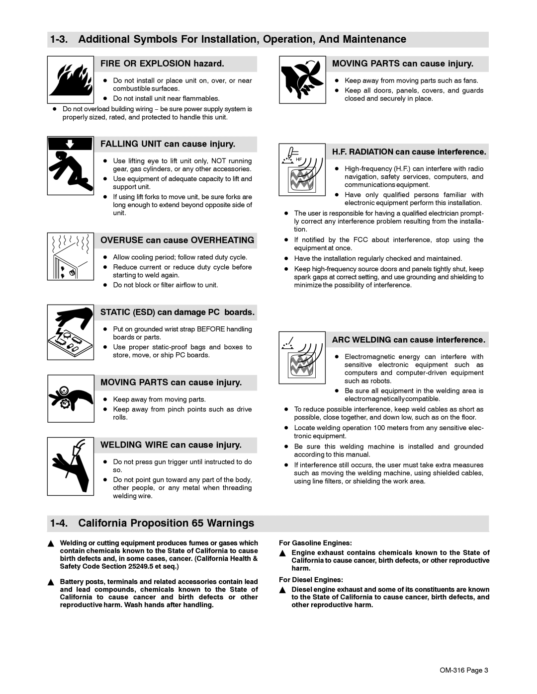 Miller Electric 300, 225 manual California Proposition 65 Warnings 