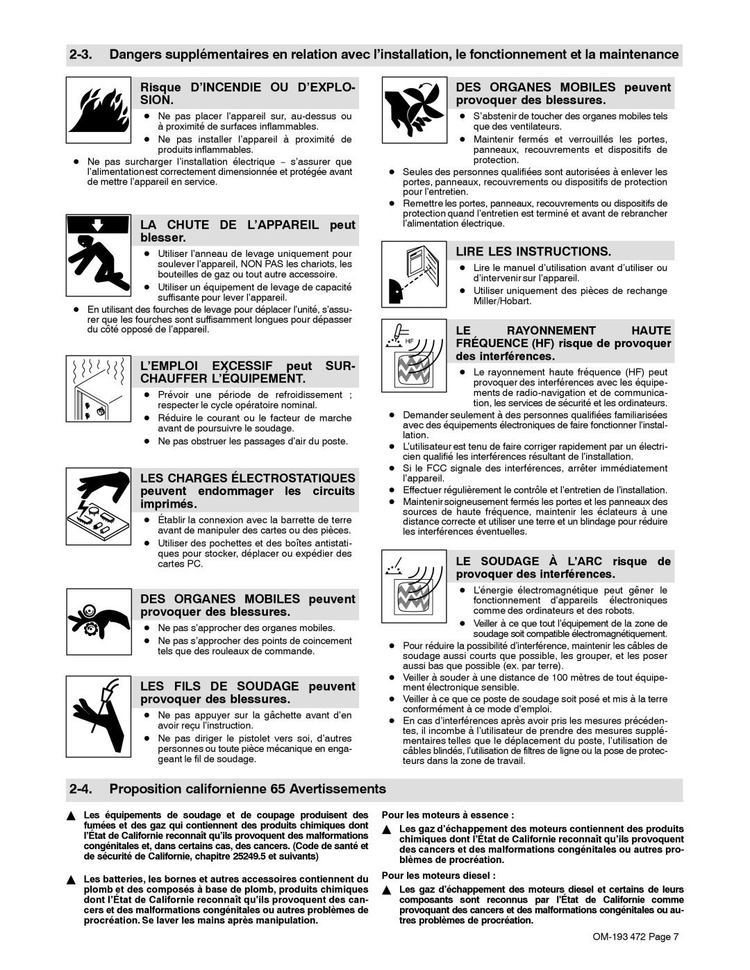 Miller Electric 22A, 24A manual Risque D’INCENDIE OU D’EXPLO, LA Chute DE L’APPAREIL peut blesser, ’EMPLOI Excessif peut SUR 