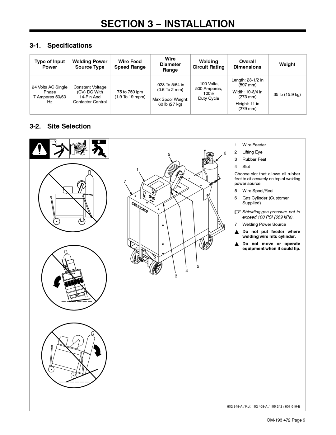 Miller Electric 22A, 24A manual Installation, Specifications, Site Selection 