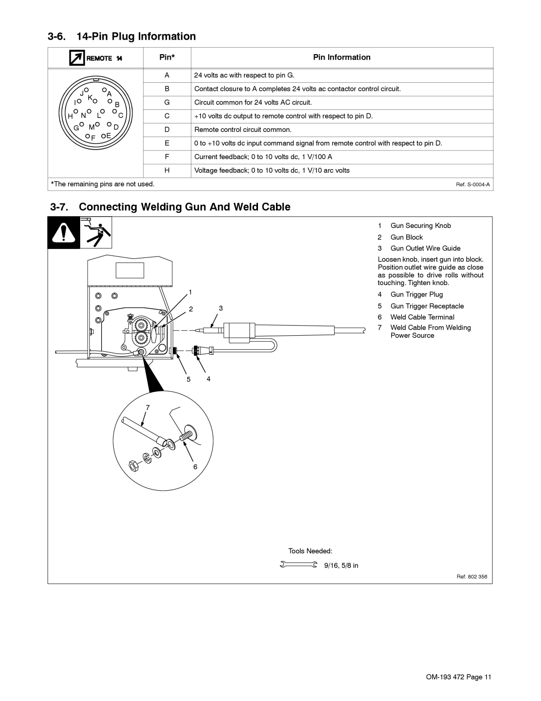 Miller Electric 22A, 24A manual Pin Plug Information, Connecting Welding Gun And Weld Cable 