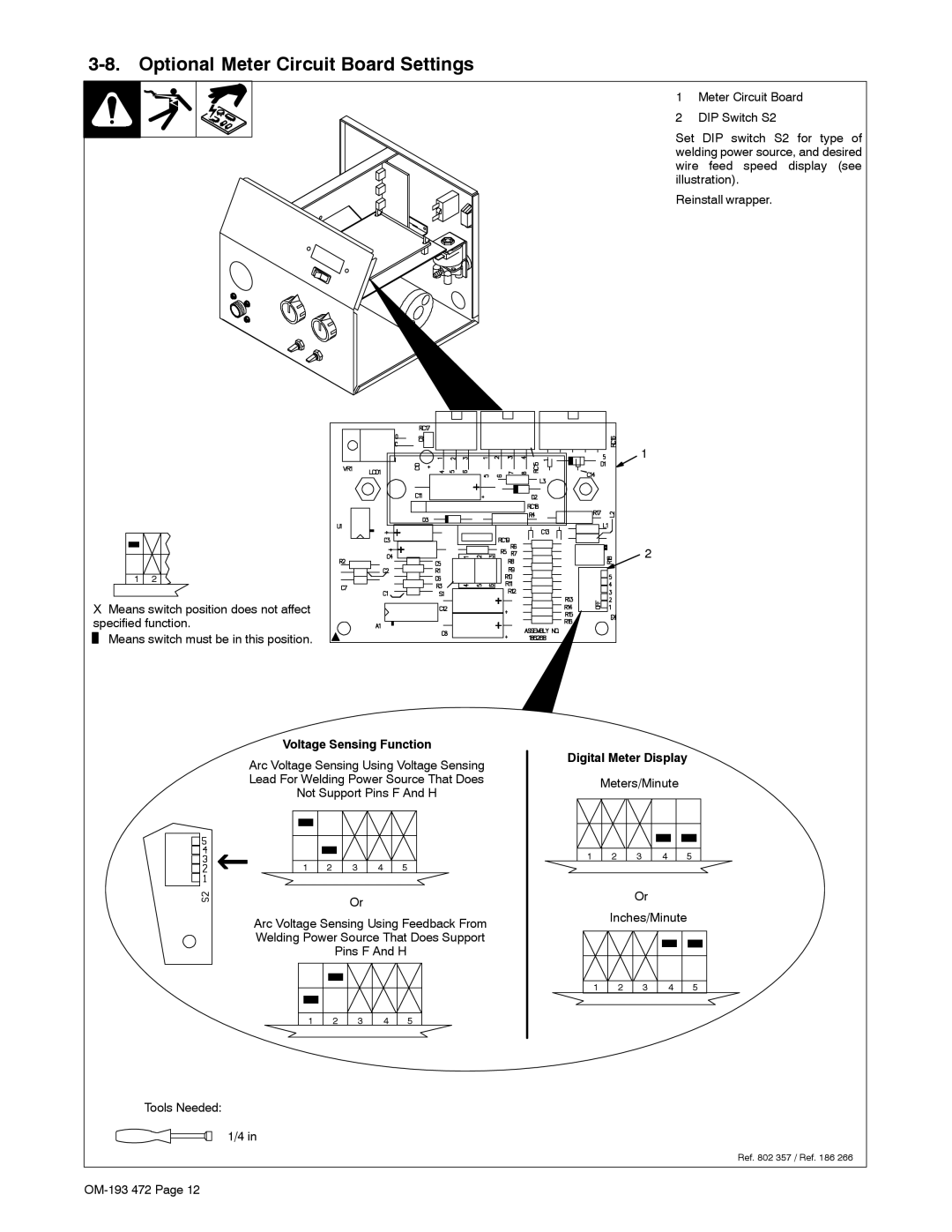 Miller Electric 24A, 22A manual Optional Meter Circuit Board Settings, Voltage Sensing Function, Digital Meter Display 