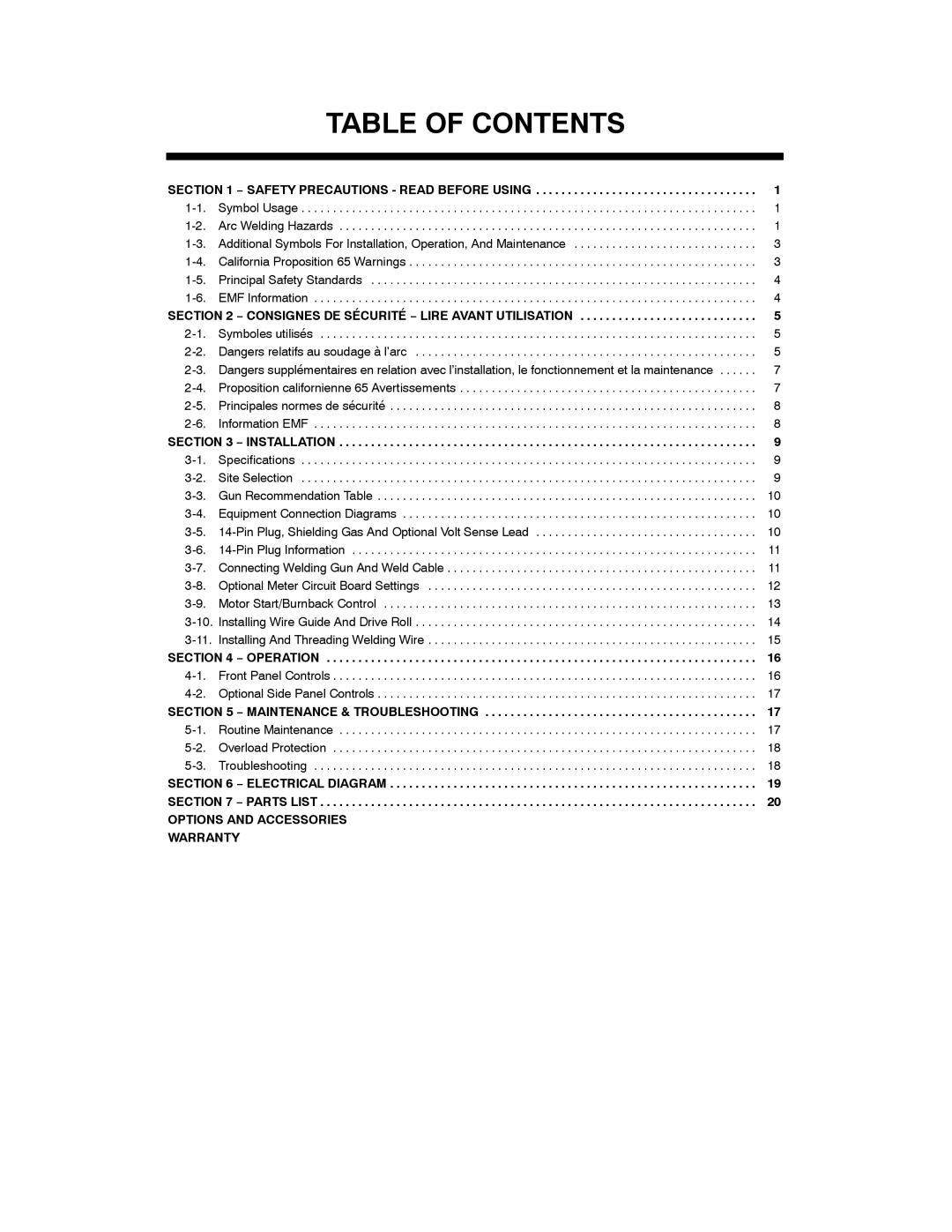 Miller Electric 22A, 24A manual Table of Contents 