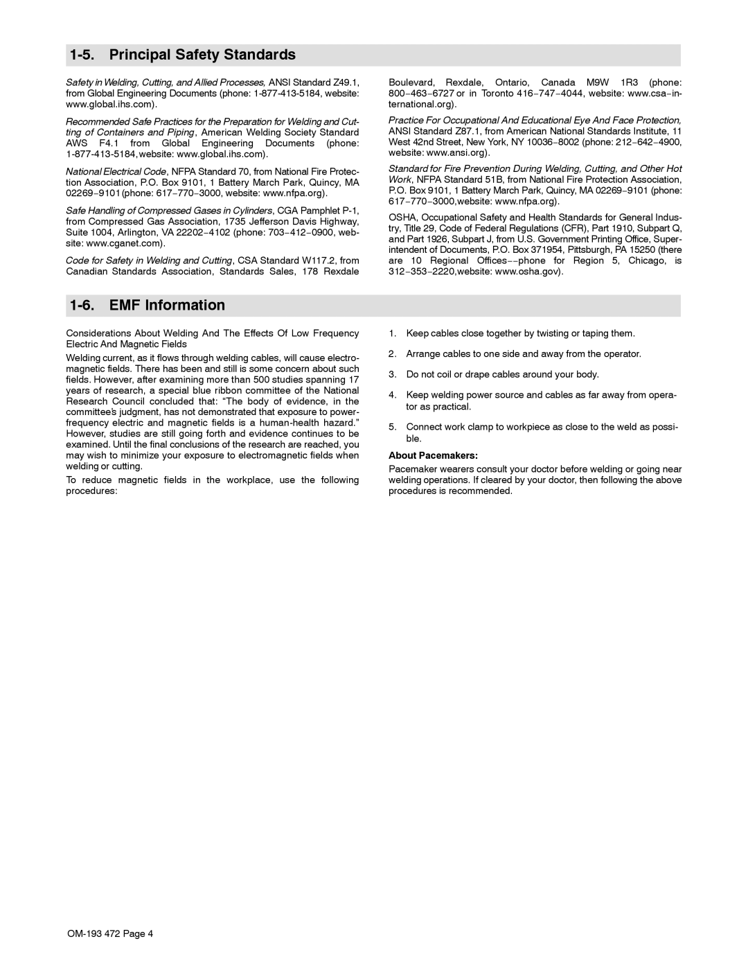 Miller Electric 24A, 22A manual Principal Safety Standards, EMF Information, About Pacemakers 