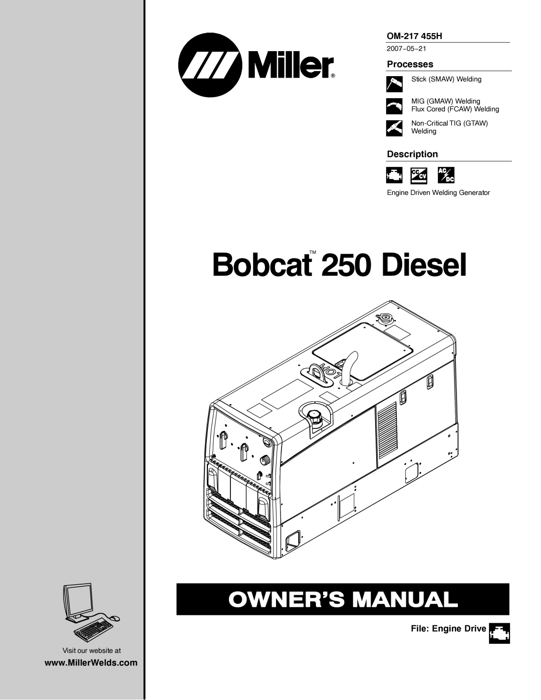 Miller Electric 250 manual OM-217 455H, File Engine Drive, Visit our website at, 2007−05−21 