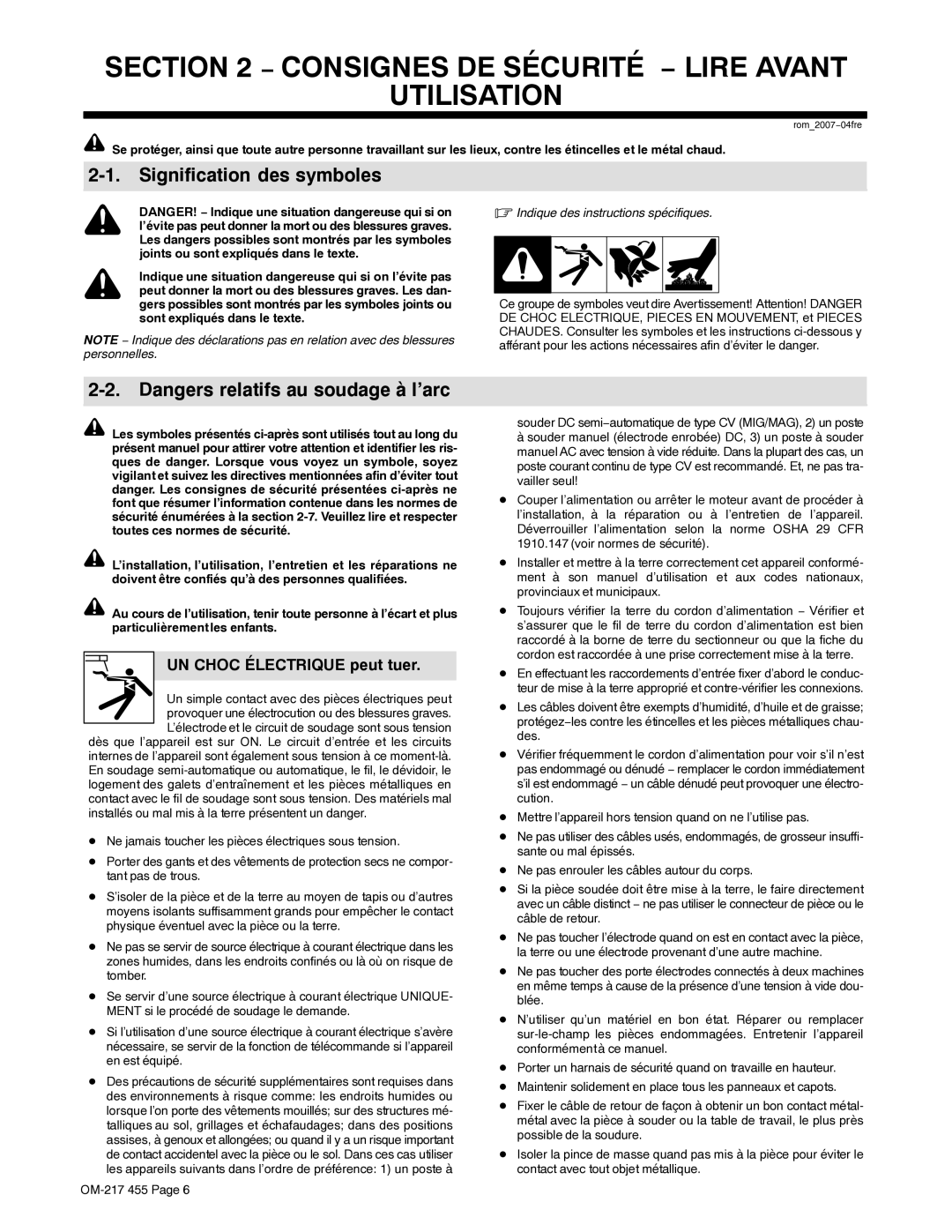 Miller Electric 250 manual Consignes DE Sécurité − Lire Avant Utilisation, Signification des symboles 