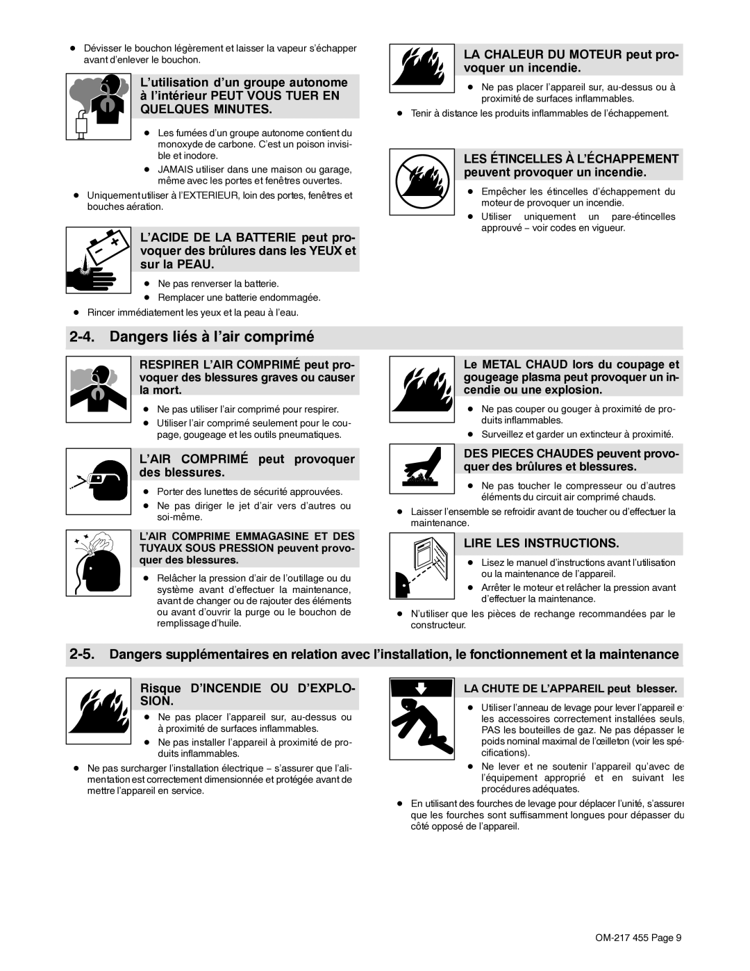 Miller Electric 250 manual LA Chaleur DU Moteur peut pro- voquer un incendie, ’AIR Comprimé peut provoquer des blessures 