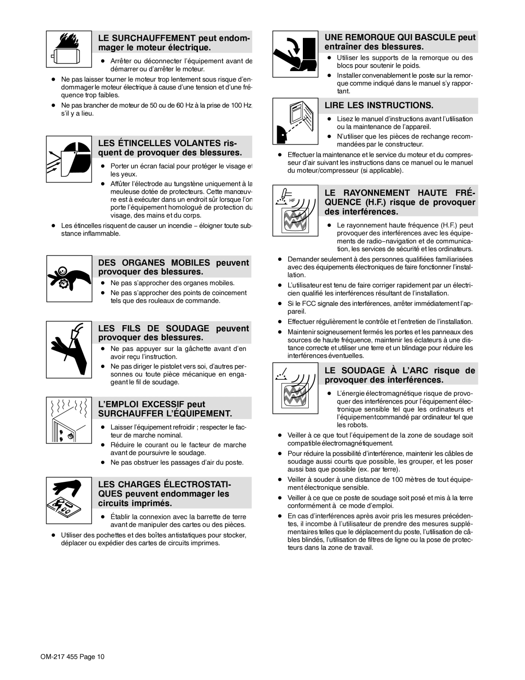 Miller Electric 250 manual LE Surchauffement peut endom- mager le moteur électrique, ’EMPLOI Excessif peut 