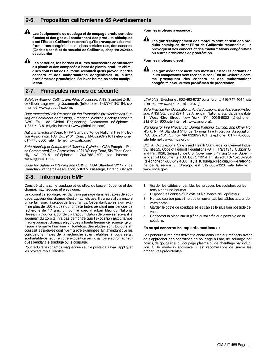 Miller Electric 250 manual Proposition californienne 65 Avertissements, Principales normes de sécurité, Information EMF 