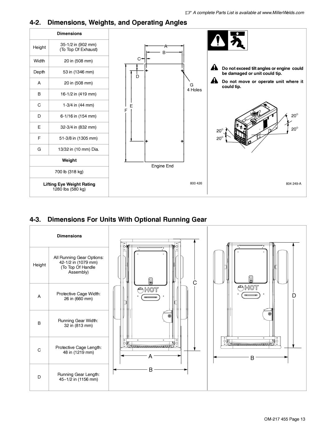 Miller Electric 250 manual Dimensions, Weights, and Operating Angles, Dimensions For Units With Optional Running Gear 