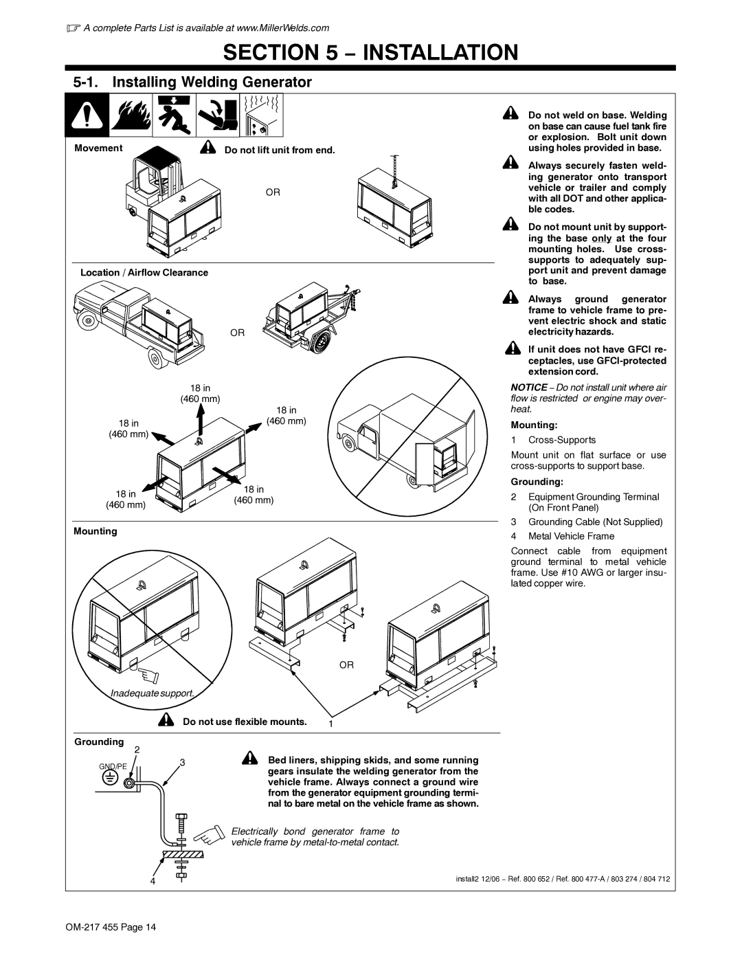 Miller Electric 250 manual Installation, Installing Welding Generator, Mounting, Do not use flexible mounts Grounding 