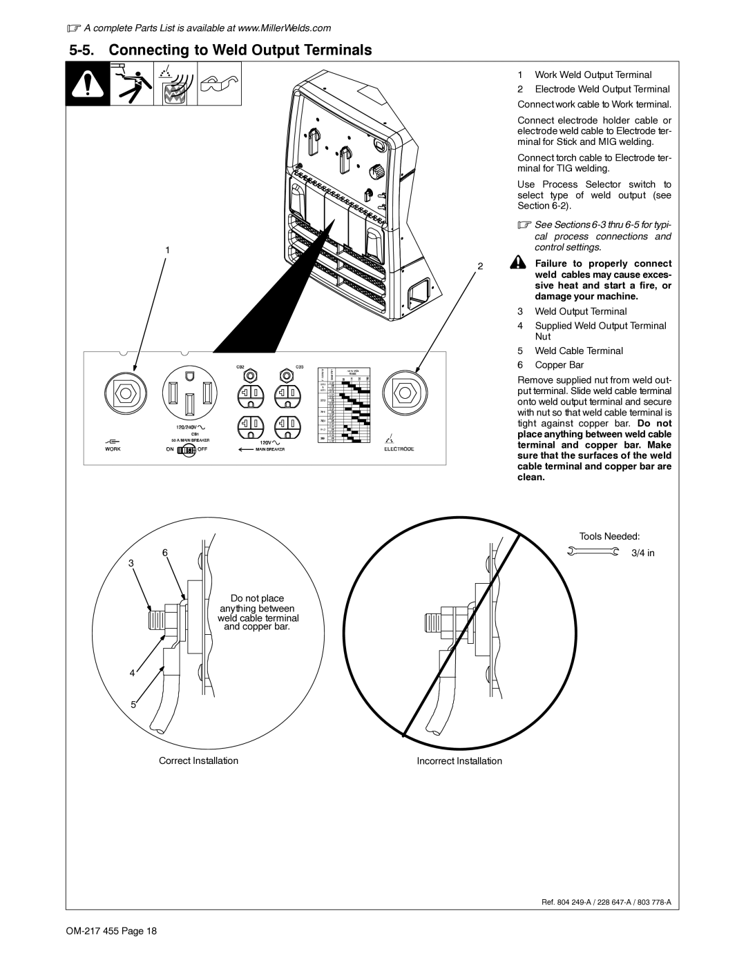 Miller Electric 250 manual Connecting to Weld Output Terminals, Work Weld Output Terminal, Tools Needed Do not place 