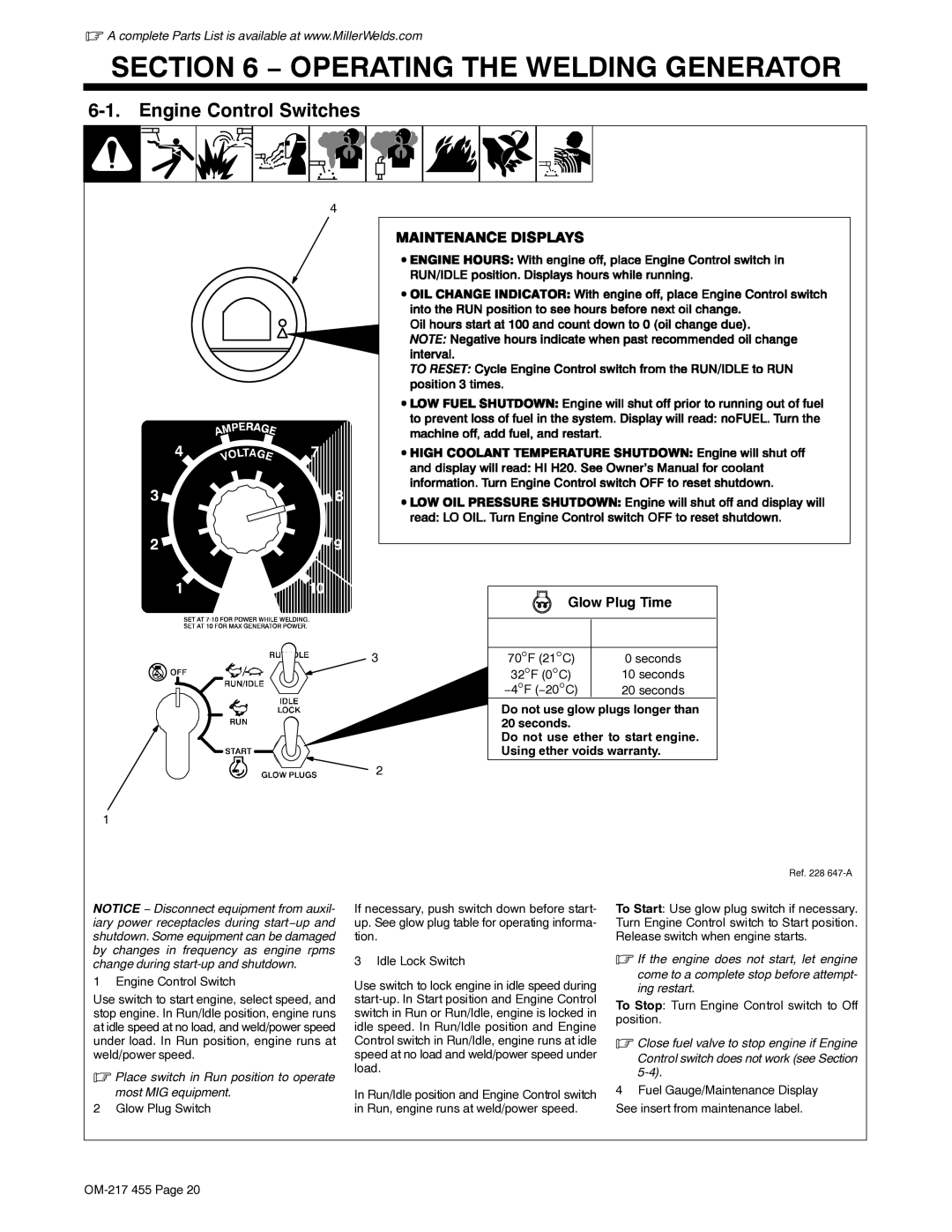 Miller Electric 250 Operating the Welding Generator, Engine Control Switches, Do not use glow plugs longer than 20 seconds 