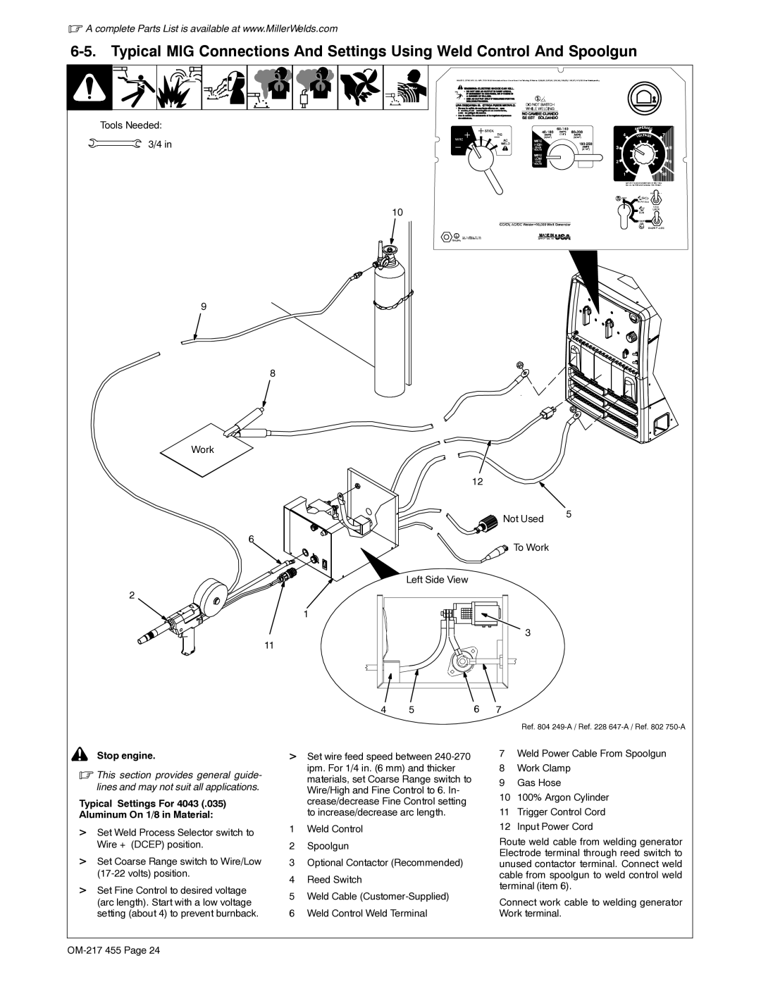 Miller Electric 250 manual Tools Needed 3/4 Work Not Used To Work Left Side View 