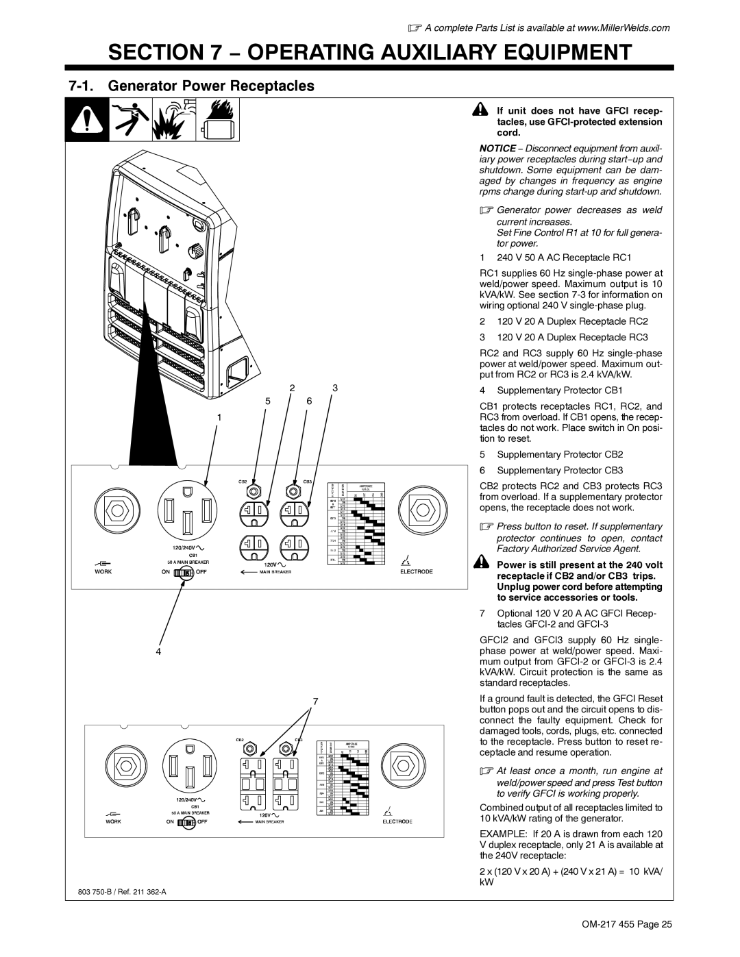 Miller Electric 250 manual Operating Auxiliary Equipment, Generator Power Receptacles, At least once a month, run engine at 