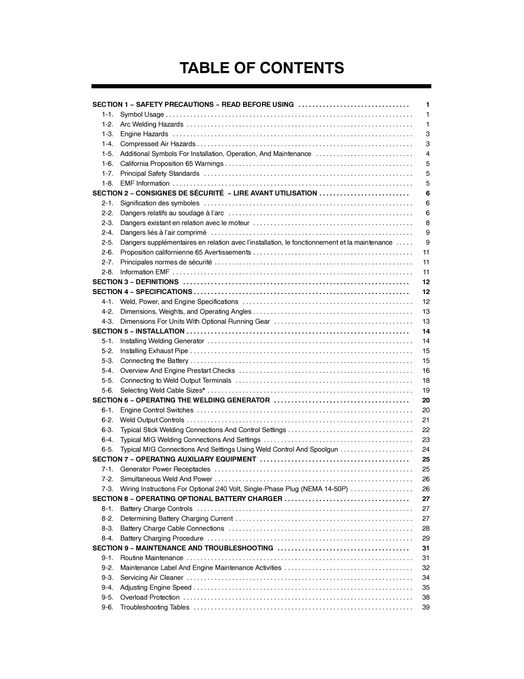 Miller Electric 250 manual Table of Contents 