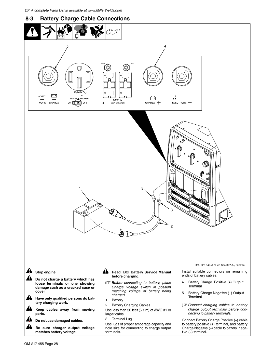 Miller Electric 250 manual Battery Charge Cable Connections 