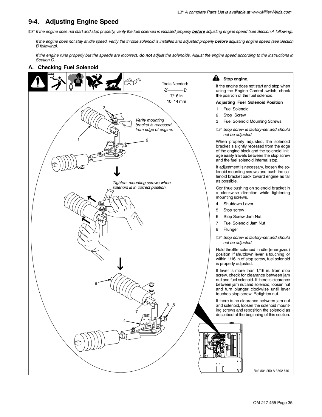 Miller Electric 250 manual Adjusting Engine Speed, Checking Fuel Solenoid, Adjusting Fuel Solenoid Position 