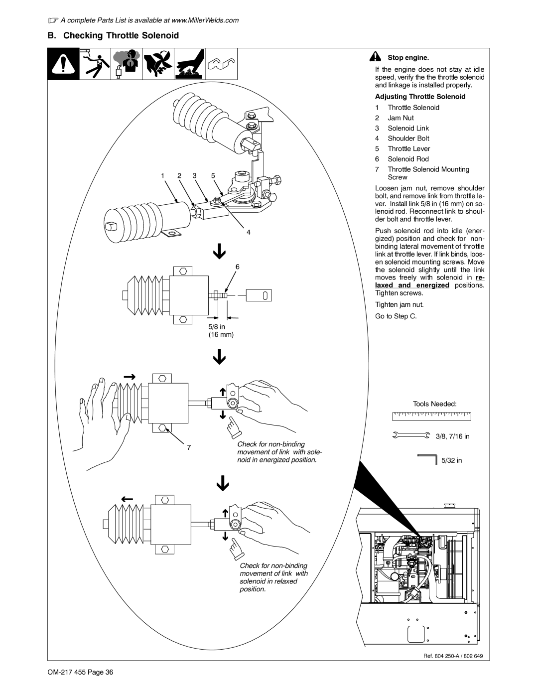 Miller Electric 250 manual Checking Throttle Solenoid, 16 mm, Check for non-binding, Adjusting Throttle Solenoid 