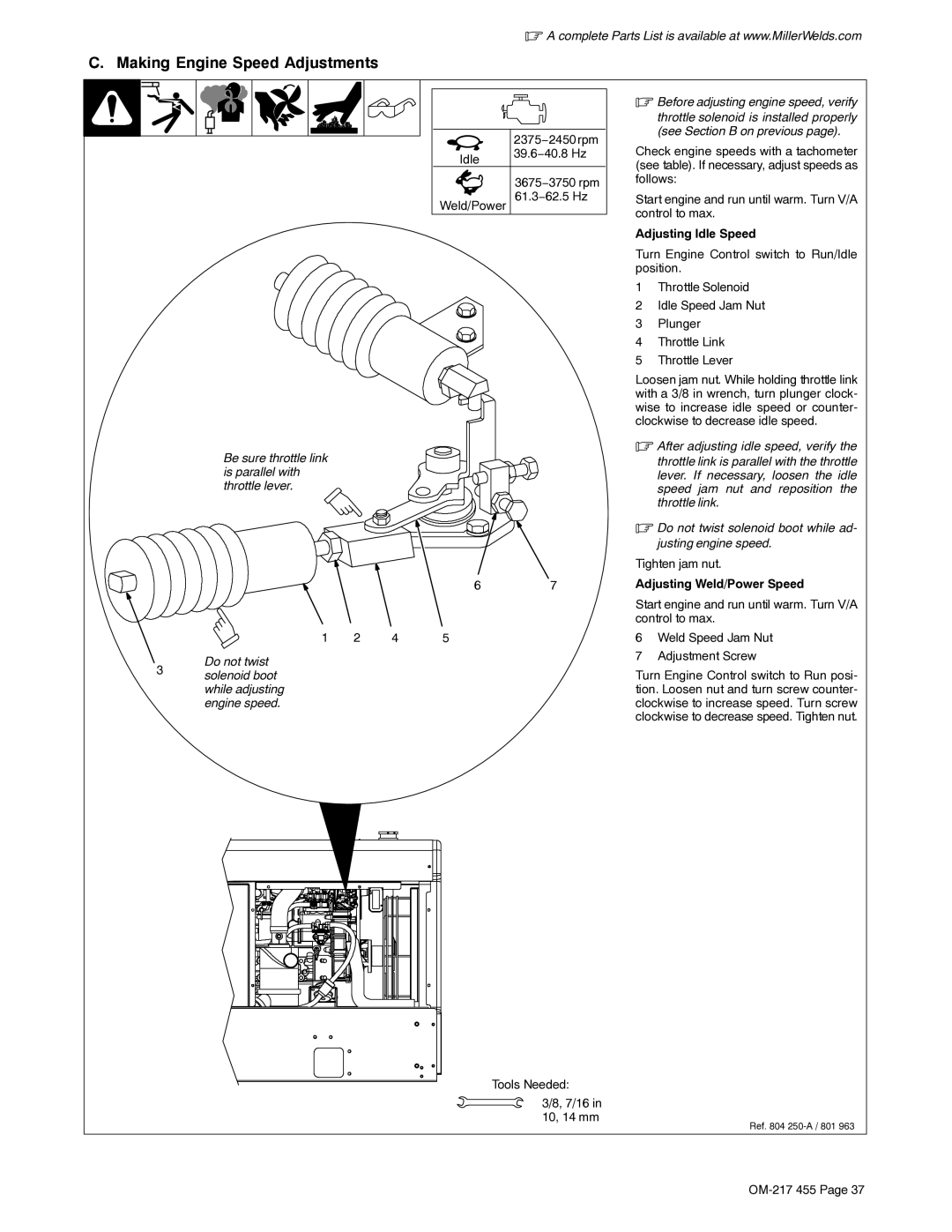 Miller Electric 250 manual Making Engine Speed Adjustments, Adjusting Idle Speed, Adjusting Weld/Power Speed 