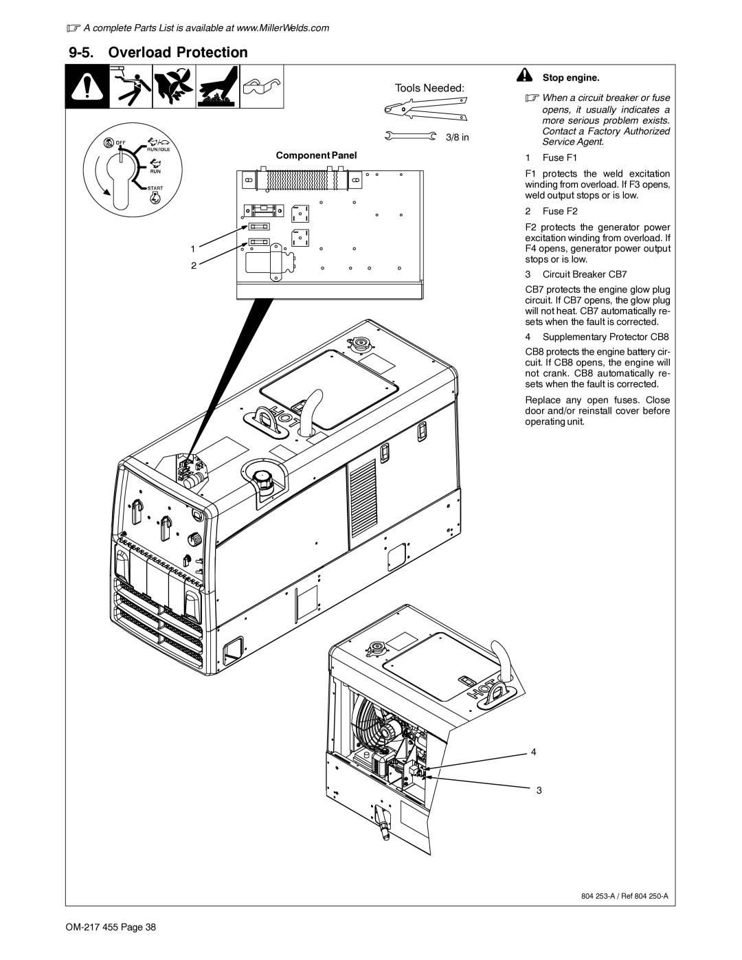 Miller Electric 250 manual Overload Protection, Component Panel Stop engine, Fuse F1, Supplementary Protector CB8 