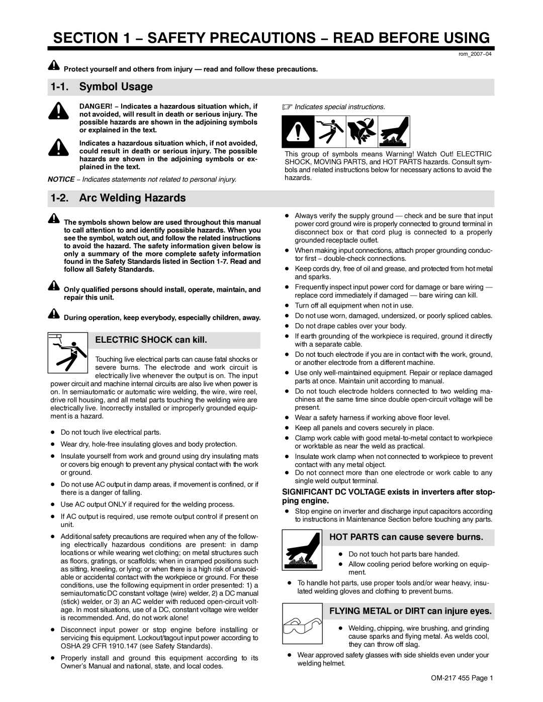 Miller Electric 250 manual Symbol Usage, Arc Welding Hazards, Electric Shock can kill, HOT Parts can cause severe burns 