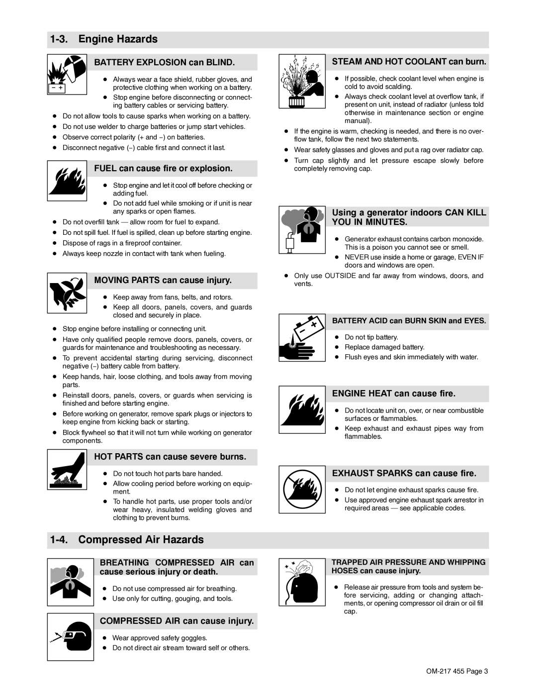 Miller Electric 250 manual Engine Hazards, Compressed Air Hazards 