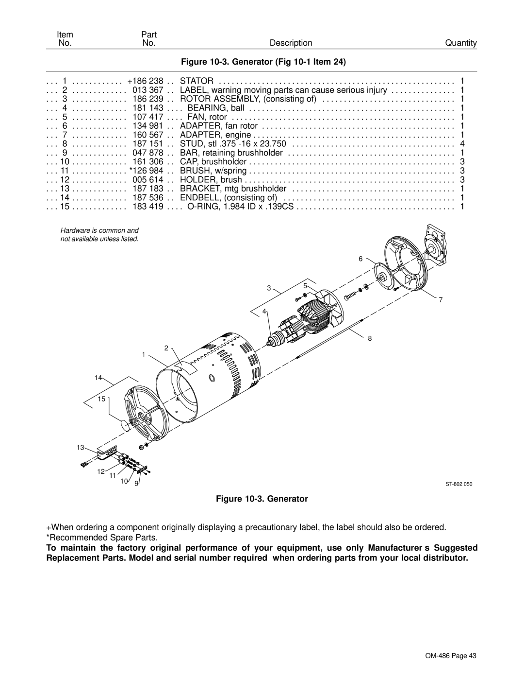 Miller Electric 251 NT manual Generator -1 Item 