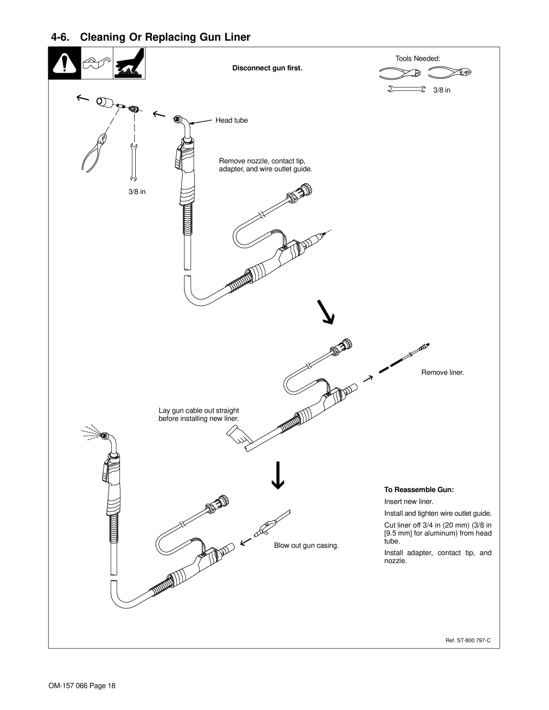 Miller Electric 255 warranty Cleaning Or Replacing Gun Liner, Disconnect gun first, To Reassemble Gun 