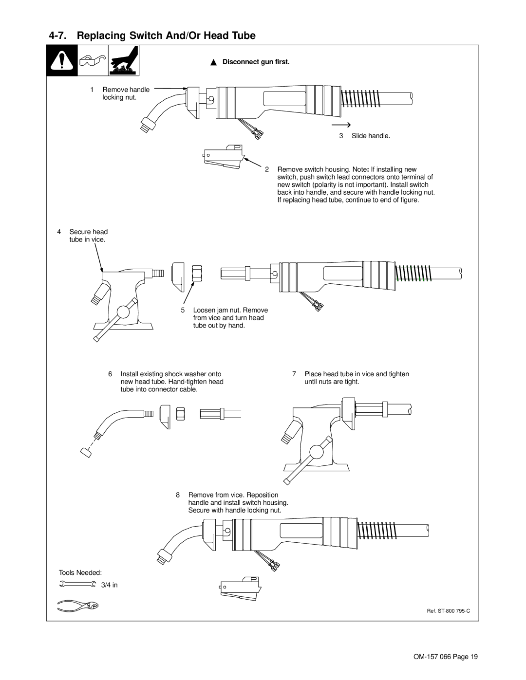 Miller Electric 255 warranty Replacing Switch And/Or Head Tube, Remove handle locking nut Slide handle 