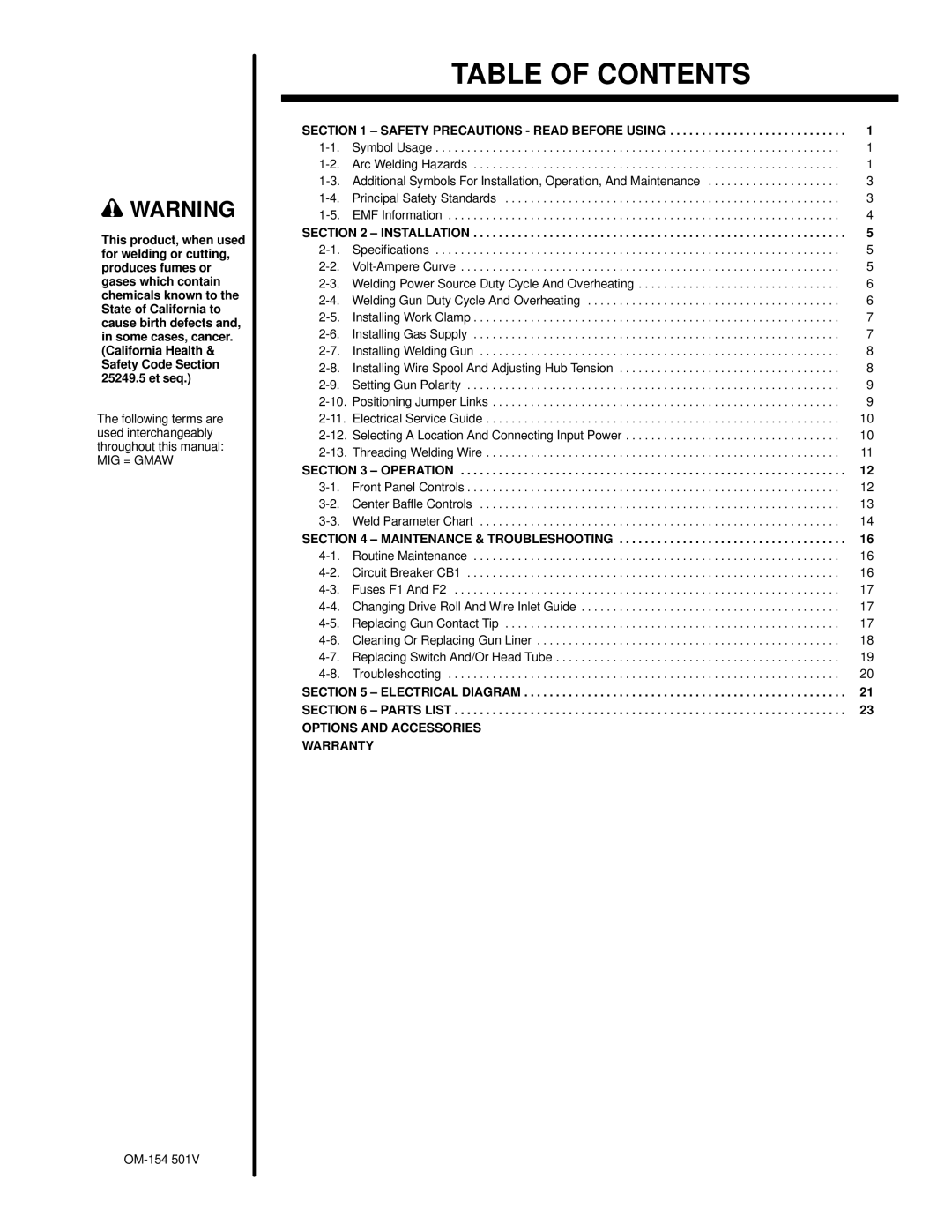 Miller Electric 255 warranty Table of Contents 