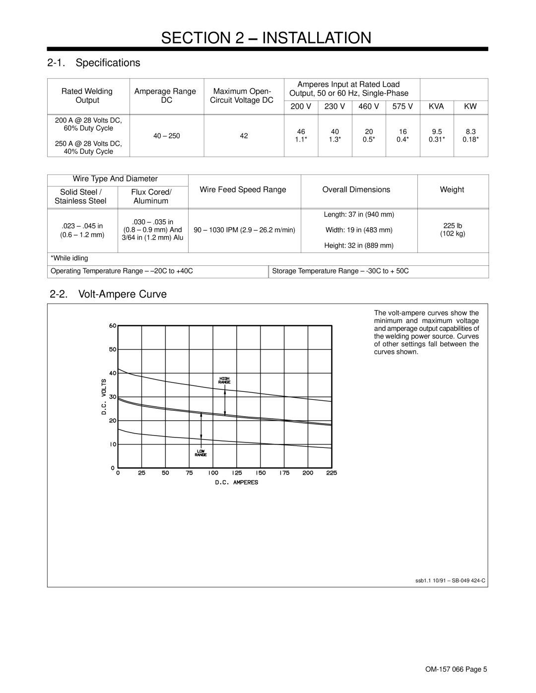 Miller Electric 255 warranty Specifications, Volt-Ampere Curve, Weight, Stainless Steel 