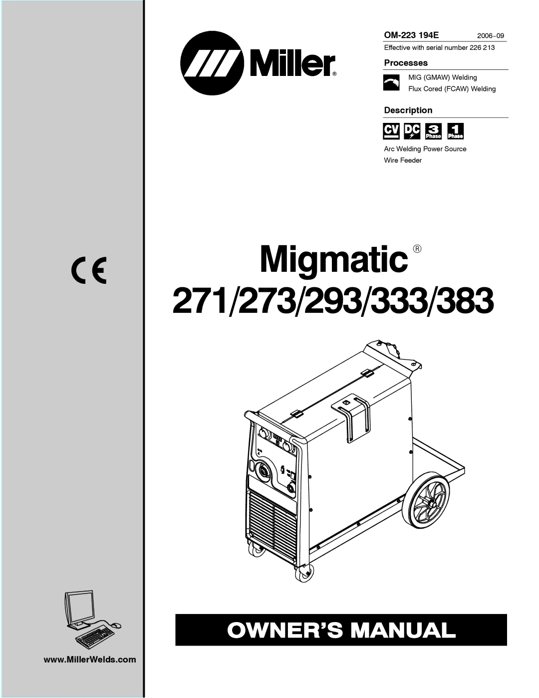 Miller Electric 383, 271, 293, 333, 273 manual OM-223 194E 2006−09, Processes, Description 