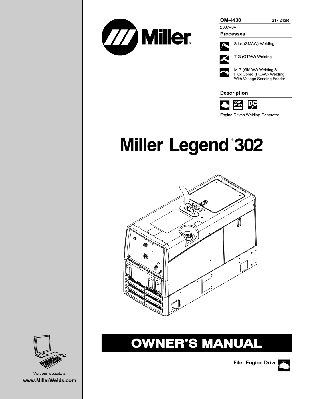 Miller Electric 280 NT manual OM-4430217 243R, Processes, Description, File Engine Drive 