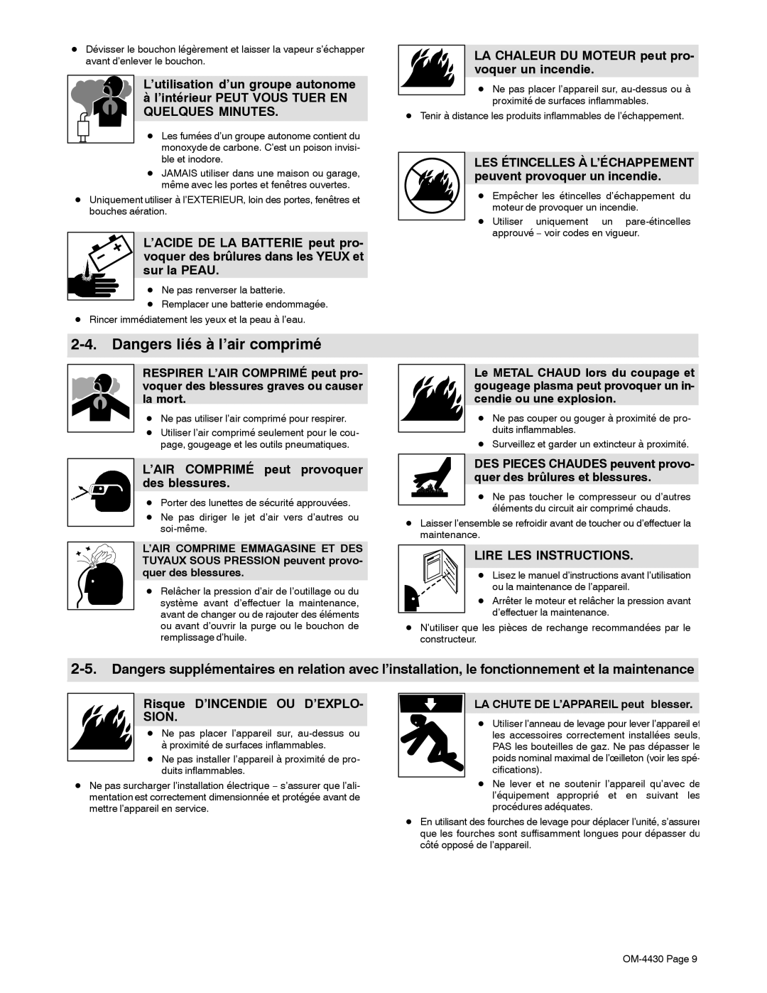 Miller Electric 280 NT manual LA Chaleur DU Moteur peut pro- voquer un incendie, ’AIR Comprimé peut provoquer des blessures 